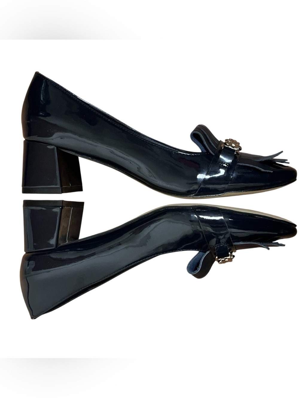 Tahari Mary Navy Patent Loafer Pumps Block Heel Fringe Chain Detail Size 8 - Picture 7 of 12
